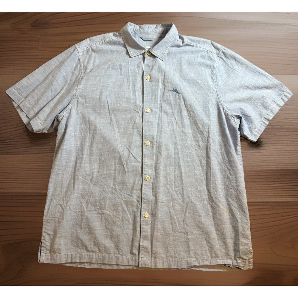 Tommy Bahama Men's Shirt Light Blue Marlin Logo Short Sleeve Button Up XL Beach